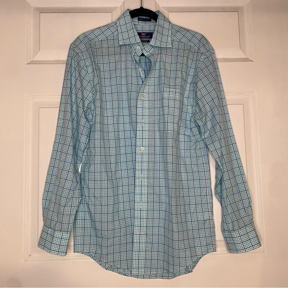 Vineyard Vines Cooper Shirt Pastel Blues Plaid Collared Shirt Size Small